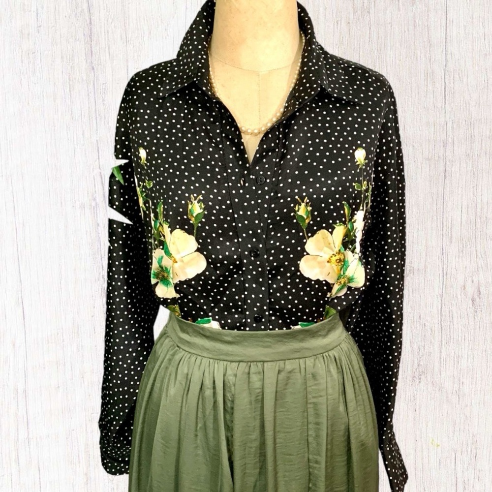 ZARA Polka Dot Floral Print Top Black Satin Long Sleeve Blouse- S